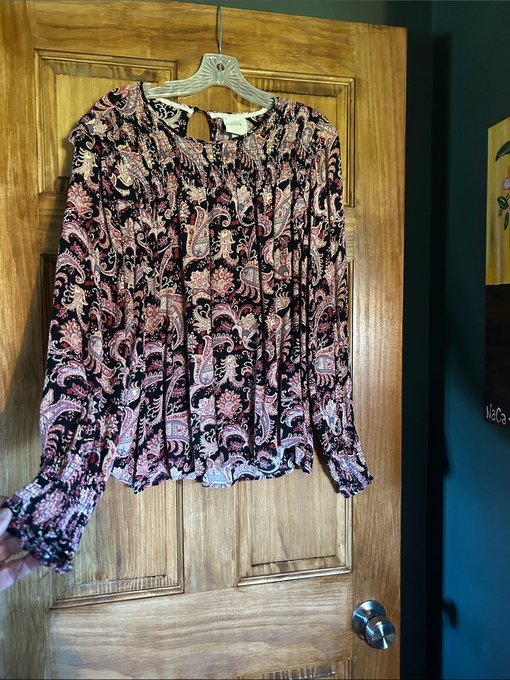 Knox Rose Black and Pink Paisley Peasant Top